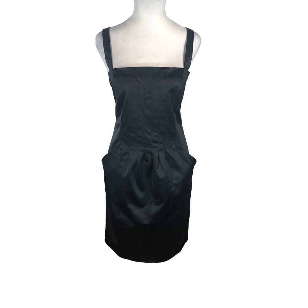 Margit Brandt Copenhagen Black Satin Cocktail Dress M Pencil Sheath Pockets Chic